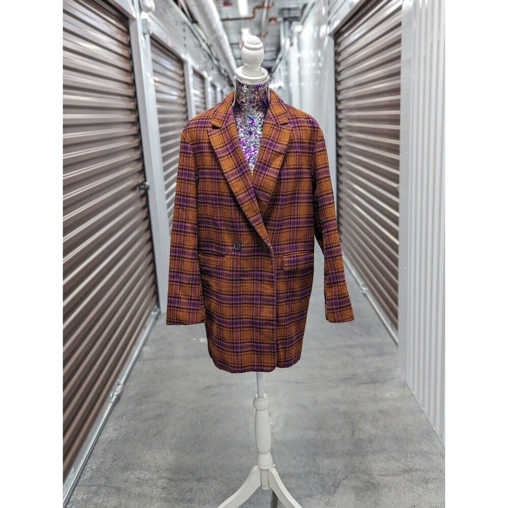 A New Day Women's Medium Burnt Orange Plaid Double Breasted Peacoat